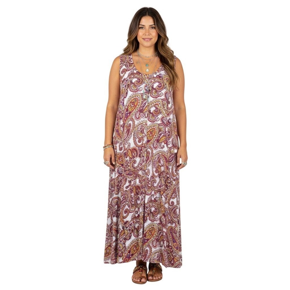 Denim 24/7 Button Down Maxi Dress Hippie Multicolor Paisley Boho Festival Size L
